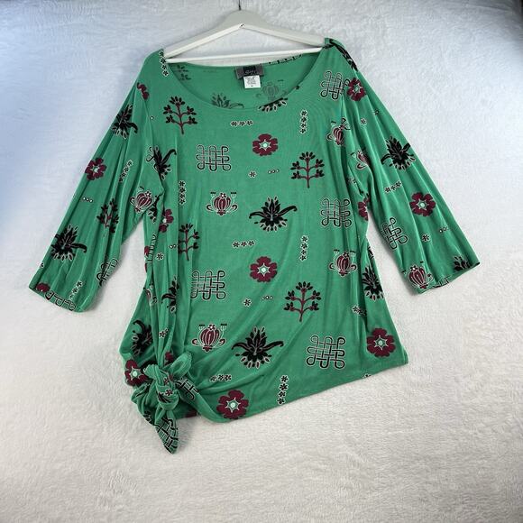 Slinky Brand Plus 1X Tunic Top Asymmetric Geometric Print V-Neck Lagenlook Green - Picture 3 of 13